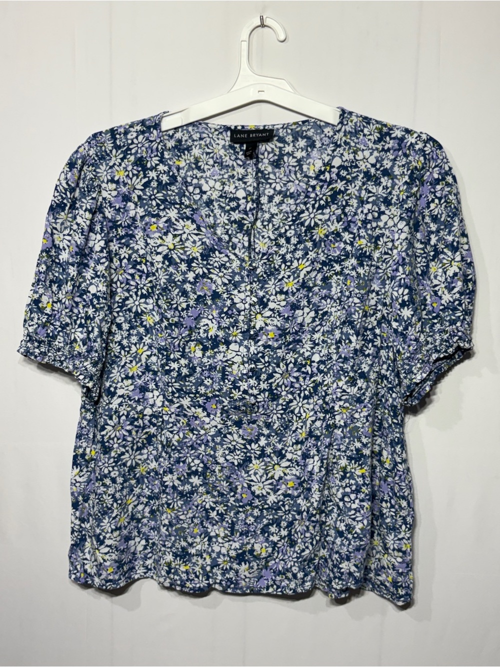 Lane Bryant Plus Size Blue Floral Puff-Sleeve Blouse, Peplum
